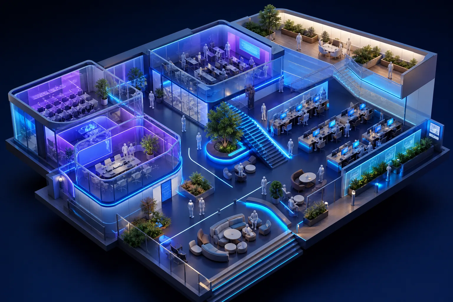 Isometric concept render of a study atrium with glass lecture pods, lab rows and a lounge.