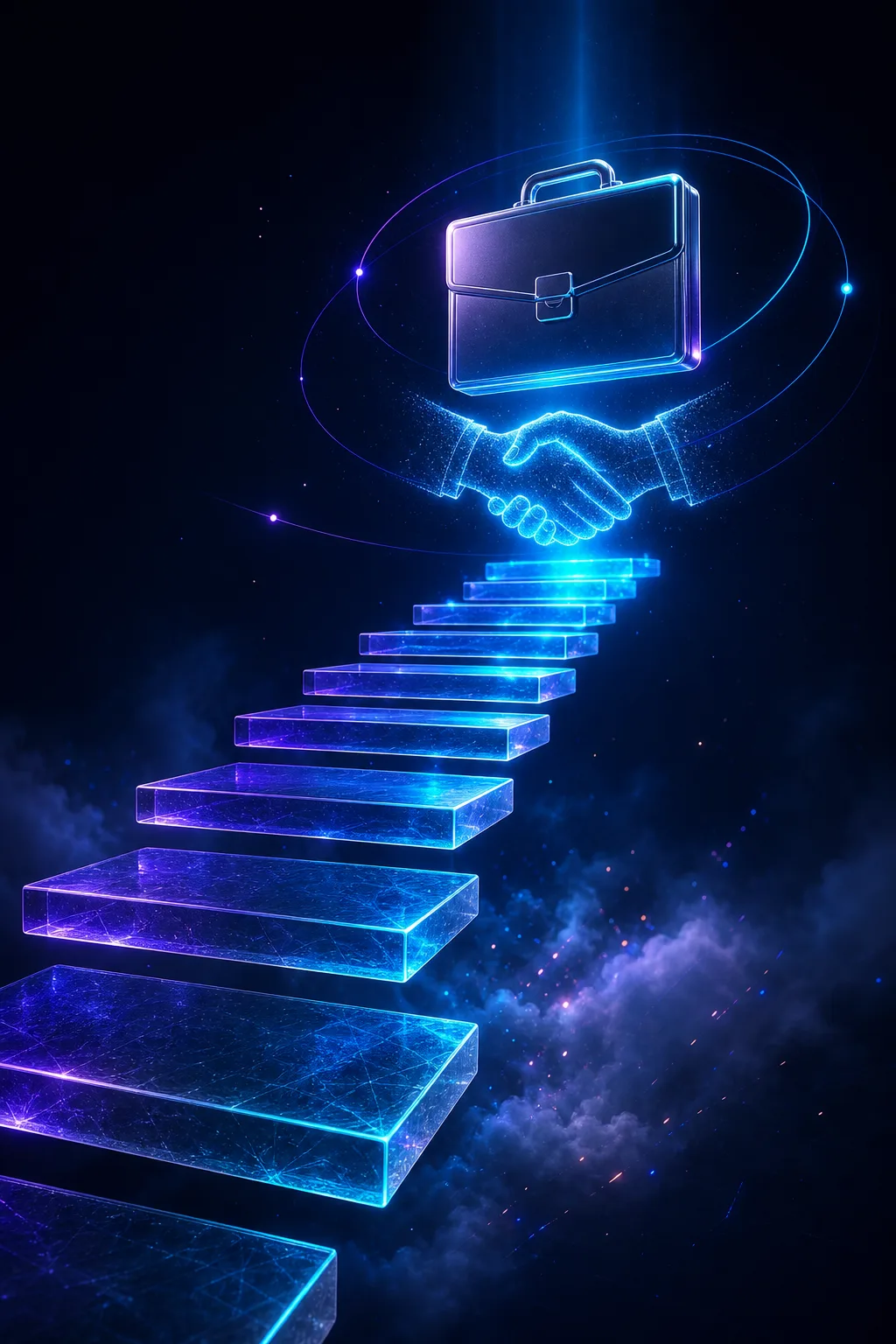 Concept render of an ascending glass stair toward a briefcase and a light handshake.