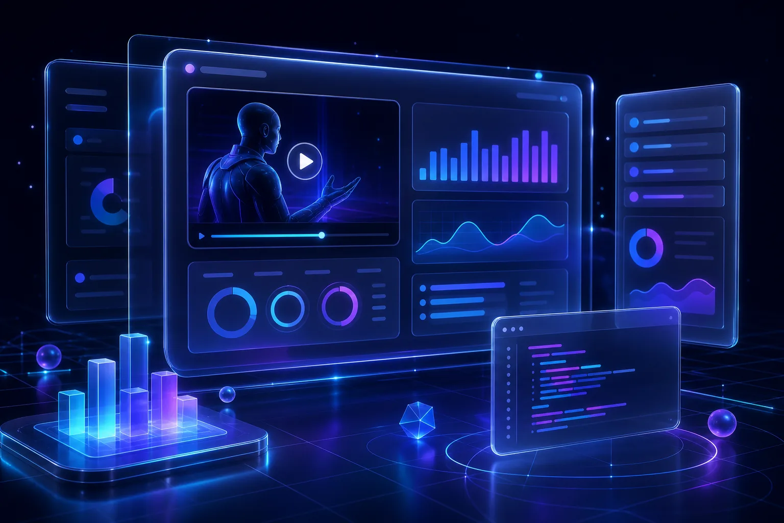 Concept render of a learning platform: lesson, progress and analytics panels floating in space.
